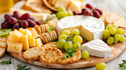 artisanal cheese platter adorned with a variety of grapes, crackers, and cheeses, accompanied by a