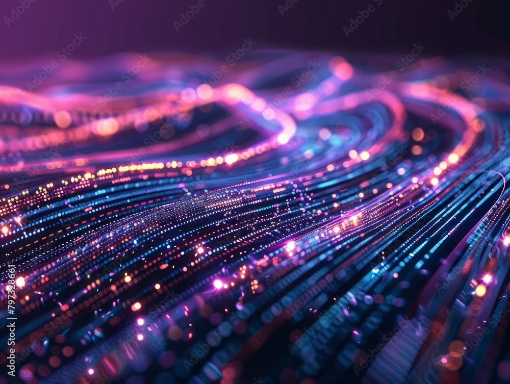 Poster glowing data streams crisscross in a dark void, symbolizing the interconnectedness of the digital wo
