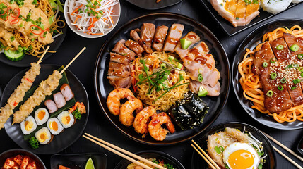 asian street food festival featuring a variety of dishes served on black plates and bowls, accompan