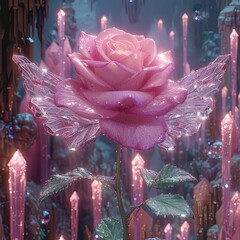 a pink rose with many candles in the background