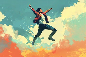 A man exudes joy and freedom as he leaps up with the sky behind him, arms raised and legs kicked out amidst a vibrant, artistic backdrop. Generative AI