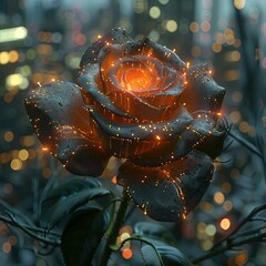 a rose that is glowing with lights in the background
