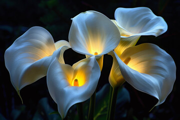Brightly Illuminated White Calla Lilies Against a Dark Background: Their Elegant Forms Highlighted
