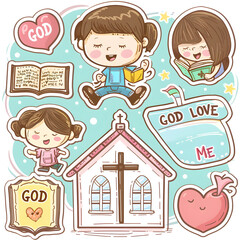 Christian element of girl praying set in sticker design. with House, Bible, heart, church, cross.