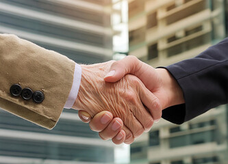 Close up of hand of Two business people (old man and woman) shaking hands,building background