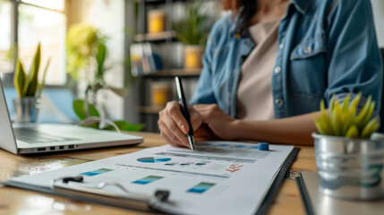 A woman is sitting at a desk with a laptop and a clipboard. Generative AI