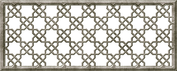 Arabic geometric golden pattern. Islamic ornament mashrabiya panel. Wall screen Islamic traditional motif, 3d silver grill. Isolated on white  background. Artistic metal casting. Illustration