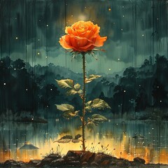 painting of a rose in the middle of a lake with a sky background