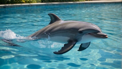 Fototapeta premium Playful dolphin in a sunlit turquoise swimming pool