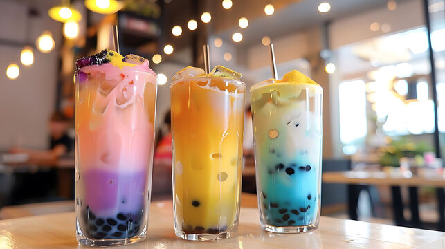bubble tea craze served on a wooden table with a tall glass and a yellow candle, accompanied by a b