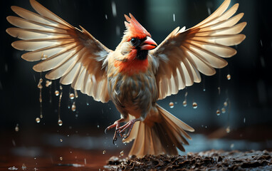 Male cardinal (cardinalis cardinalis) taking a bath in the rain