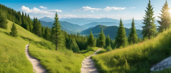 Panorama of Beautiful Summer Landscape Background. Mountain Path with Forest on the Blue Sky Background.