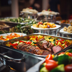 catering buffet food indoor in luxury restaurant with meat and vegetables