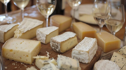 cheese and wine soiree on a wooden table