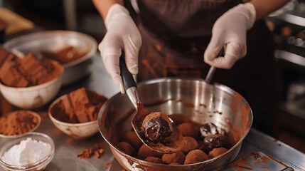 Fototapeta na wymiar chocolate truffle making in a metal bowl with a silver spoon and a white glove on a table, surround