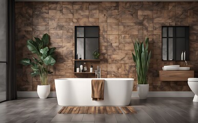 Mock up bathroom with white bathtub 3d illustration rendering
