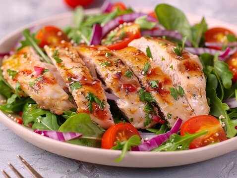 Keto salad with chicken fillet, grens and fresh vegetable . Healthy food concept. 