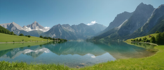 Panorama of beautiful summer landscape, clear mountain lake with majestic mountains on the background.