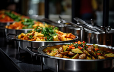 catering buffet food indoor in luxury restaurant with meat and vegetables