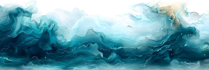 Turquoise and teal swirling watercolor paint pattern on transparent background.