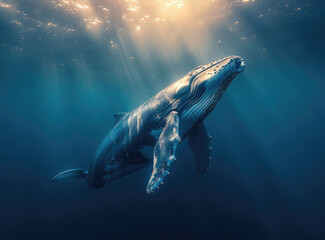  A humpback whale swimming in the deep blue ocean, sun rays shining through the surface of the water. Created with Ai