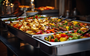 catering buffet food indoor in luxury restaurant with meat colorful fruits and vegetables