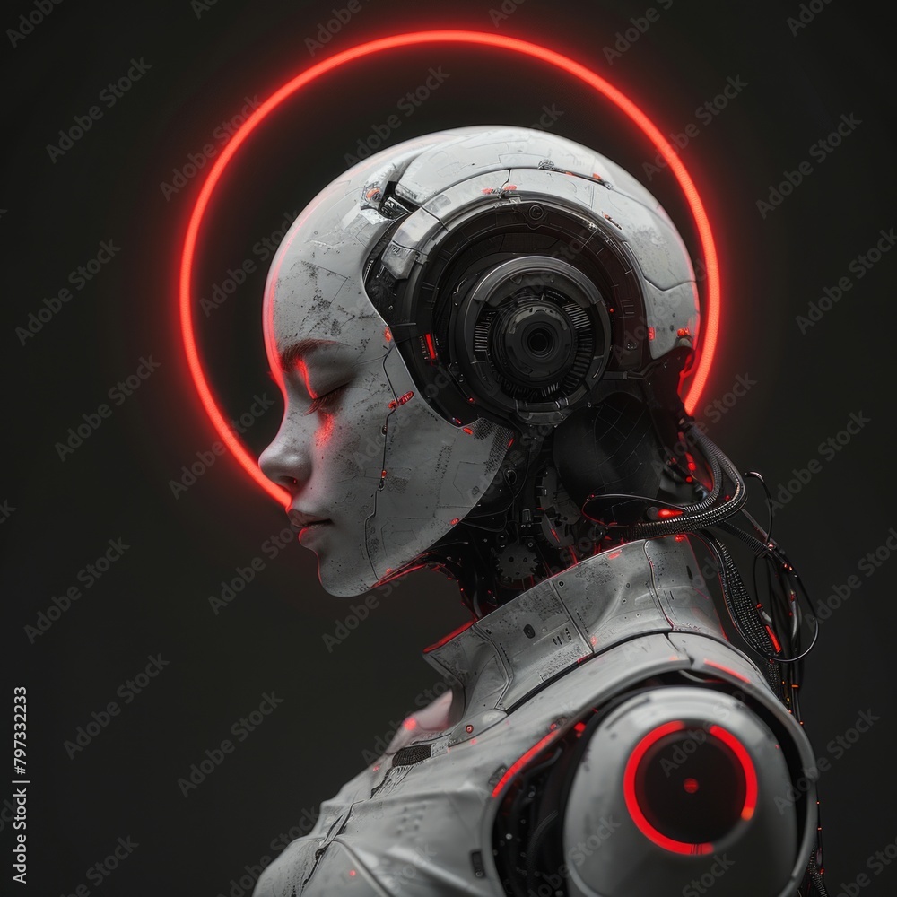 Poster a robot with a red light emitting from around its head, creating a striking visual effect.