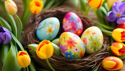 An Easter greeting card with decorated eggs and tulips in a nest, surrounded by a soft and dreamy background..