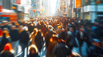 Obraz premium Blurred and Unrecognizable Crowd in a Busy Urban Street Scene, Capturing the Hustle and Bustle of City night Life