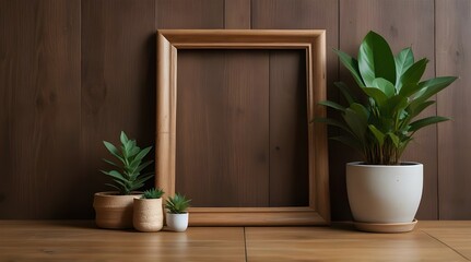 Natural Wood Frame With Leaf Decor And Potted Plant .Generative AI