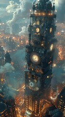 Steampunk wizard tower, gears and levers, magical experiments, city skyline