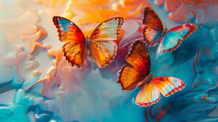 Fototapeta na wymiar Colorful butterflies on a blue and orange liquid background