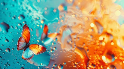 Colorful butterflies on a blue and orange liquid background