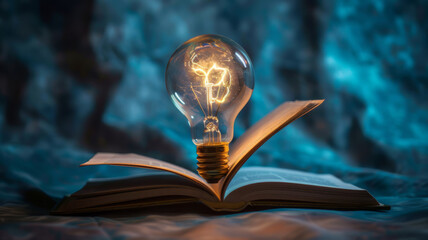Glowing lightbulb over a book, Inspiring from read concept, Education knowledge and business education ideas