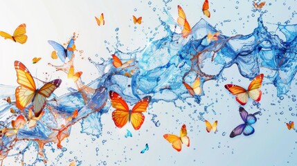 Colorful butterflies on a blue and orange liquid background