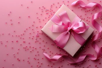 An elegant gift box with a pink ribbon, surrounded by small confetti stars and delicate flowers on a pastel background. Created with Ai