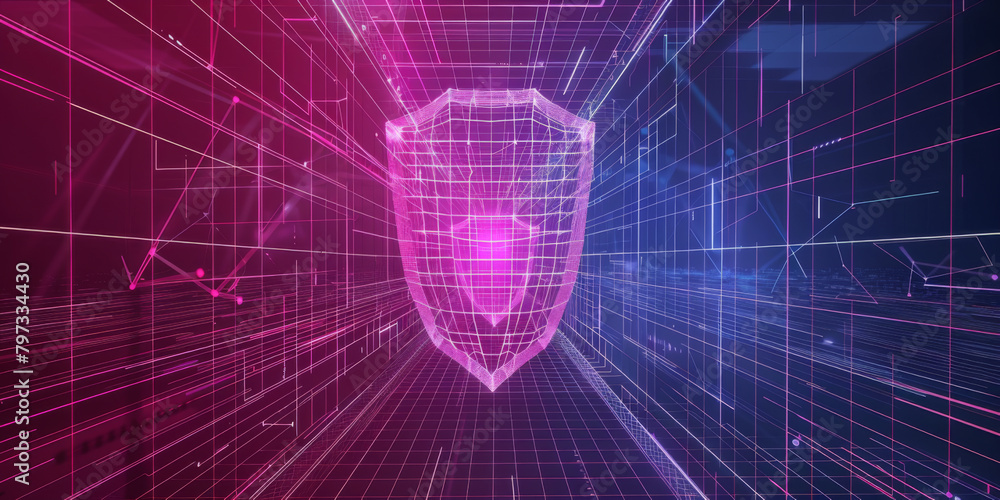 Poster wireframe of cybersecurity shield data protection and privacy. concept cybersecurity, data protectio