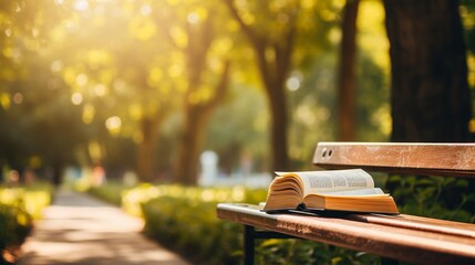 Open book on a park bench, sunny day, reading outdoors concept, blurred greenery in the background, serene and tranquil environment