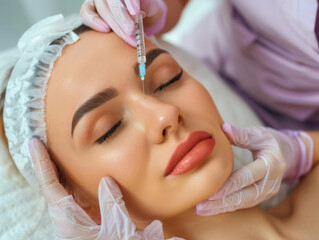 Young woman receives botox injection for facelifting. Aesthetic medicine