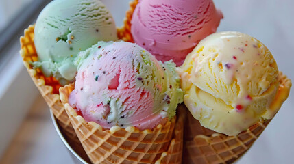 ice cream parlor offers a variety of flavors of ice cream, including white, pink, and yellow, serve - obrazy, fototapety, plakaty