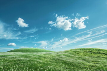 Obraz premium Smooth meadow on the hill with blue sky, beautiful landscape