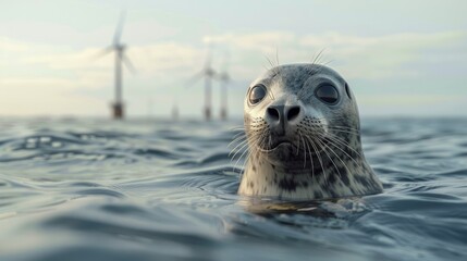 Seal's head in the sea with wind turbines in the background demonstrating clean Renewable Wind energy for sustainable energy sources and environment protection hyper realistic  - obrazy, fototapety, plakaty