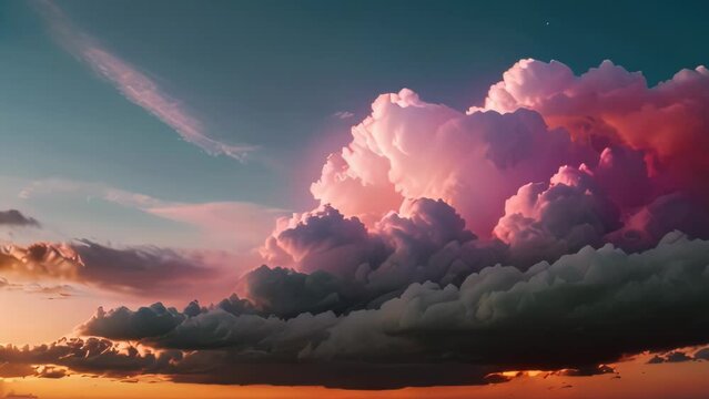 Video animation of dramatic sunset sky. The sky is filled with large, fluffy clouds illuminated by the warm hues of pink, purple, and orange. The base of the clouds appears dark and grayish