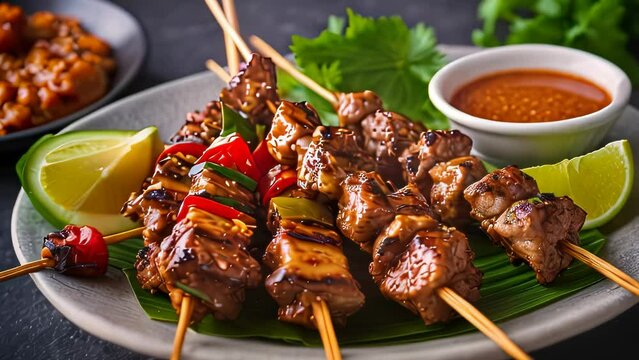 Video animation of  depicts skewered pieces of grilled meat, possibly beef or lamb. A lime wedge is placed as a garnish.
