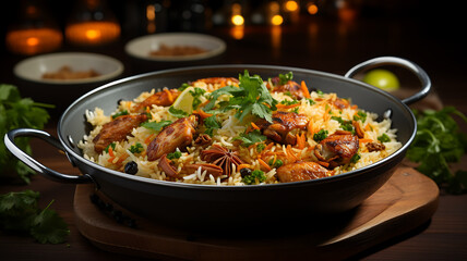 Bowl of rice with chicken and vegetables on dark wooden background.