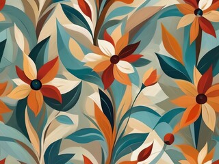 Abstract floral composition, colorful background, in style of cubism, warm color palette 
