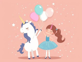 Fototapeta premium Smiling girl in a blue ballet skirt is giving a. unicorn a balloons. Happy Birthday concept 