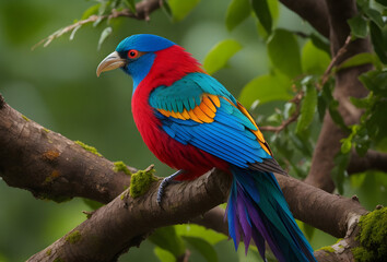 Fototapeta premium Natural background and a beautiful bird perched on a branch with a small moss tree