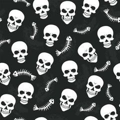 Seamless pattern with skulls and fish bones on a grey background. Scary background for fabric, wrapping paper, wallpaper etc.