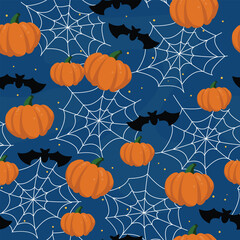 Halloween seamless pattern with pumpkins, web, and bats on night dark background.